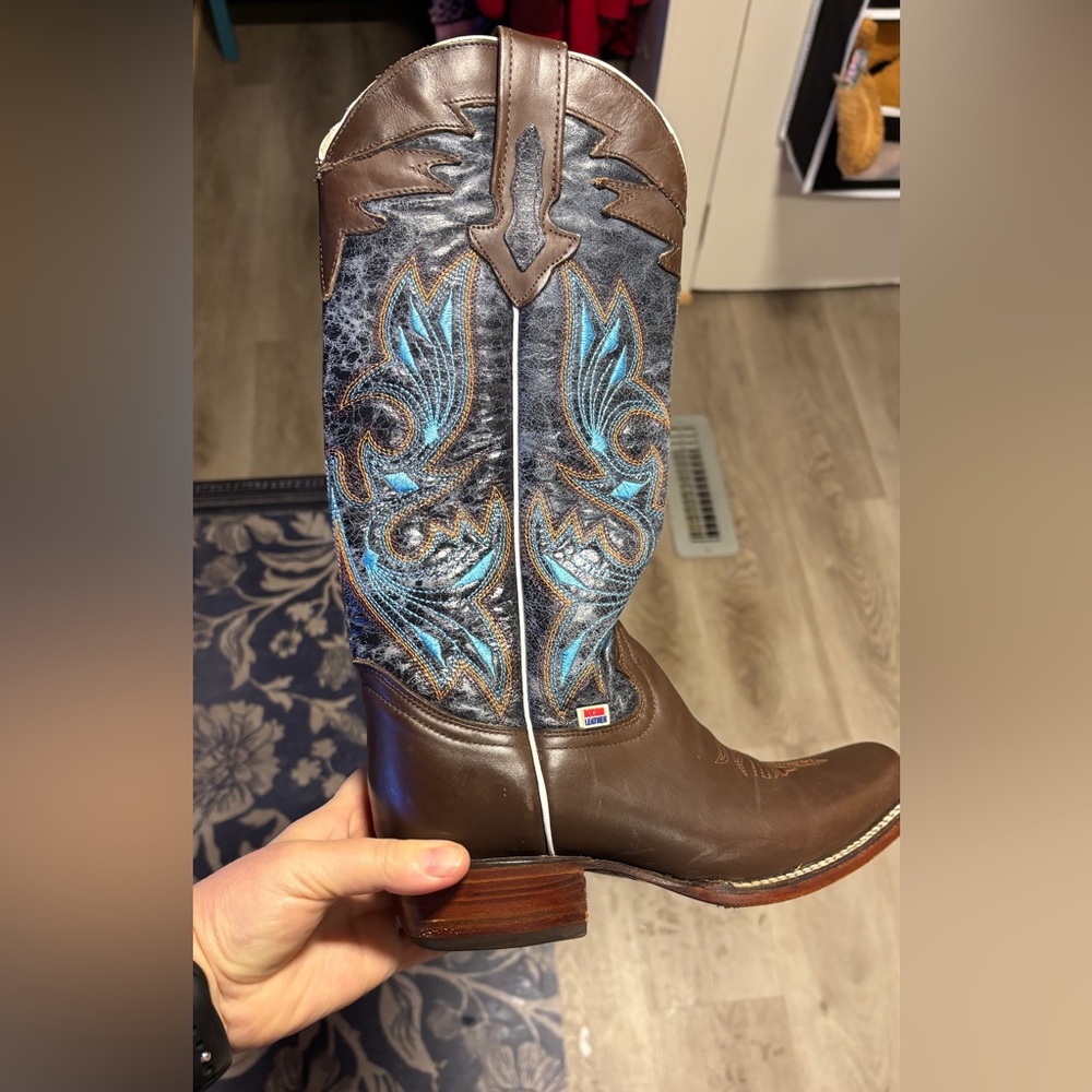 RockinLeather Western Boots Brown & Blue Embroidered Leather Women’s Size 6B